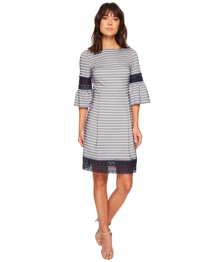 Ivanka Trump - Lace Trim Bell Sleeve Novelty Stripe Dress