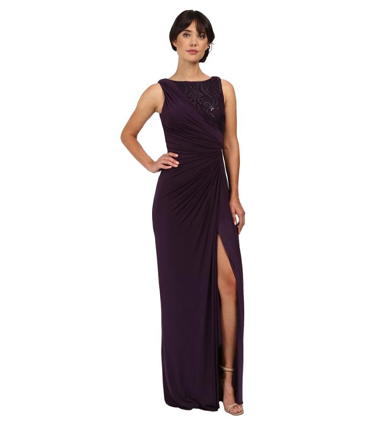 Adrianna Papell - Draped Venecian Jersey Gown With Sequin Embroidered Lace