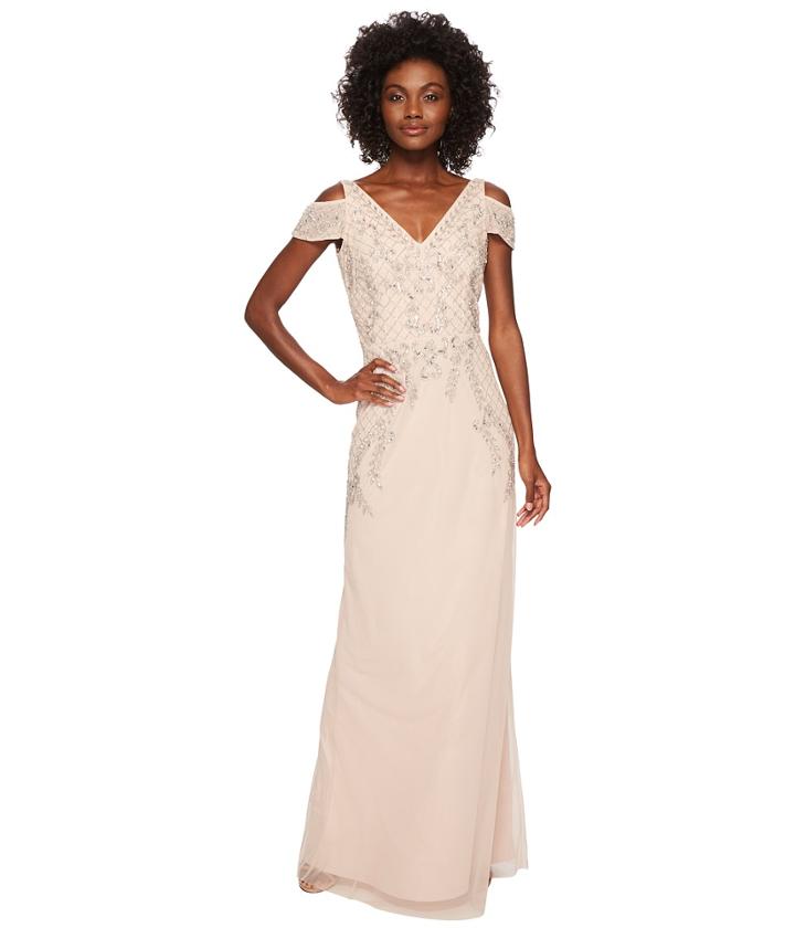 Adrianna Papell - V-neck Long Beaded Mob Gown With Cap Sleeves