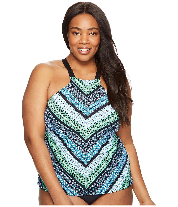 Jantzen - Plus Size Geo Graphic Stripe High Neck Tankini