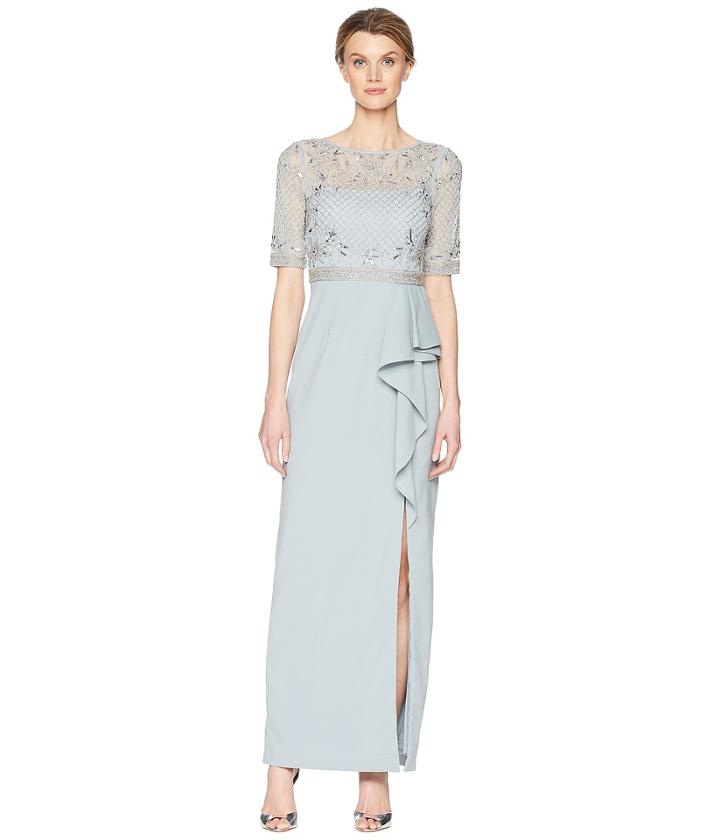 Adrianna Papell - 3/4 Sleeve Beaded Bodice Mob Gown With Ruffle Crepe Skirt