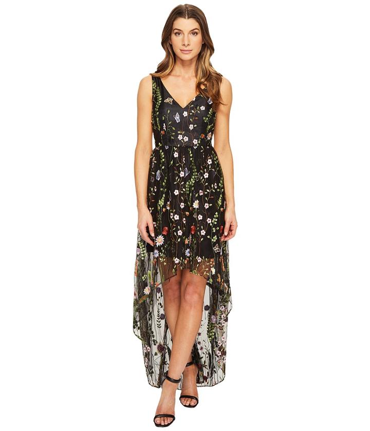 Adrianna Papell - Embroidered Tulle V-neck High-low Hem Gown