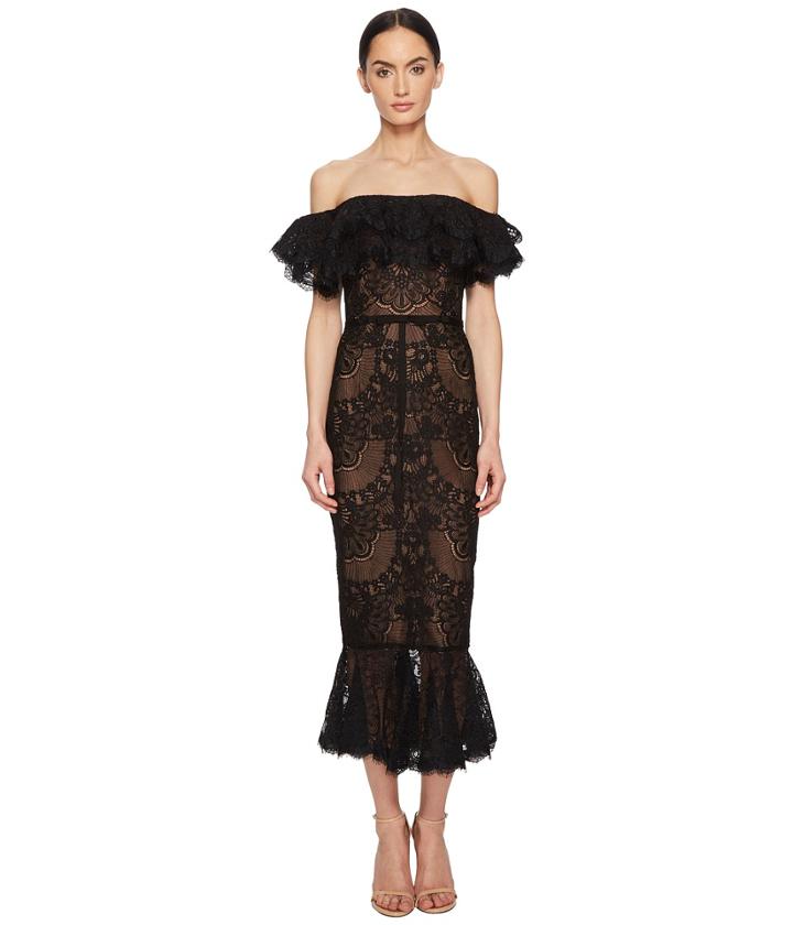Marchesa Notte - Off The Shoulder Corded Lace Ruffle Cocktail With Flounce