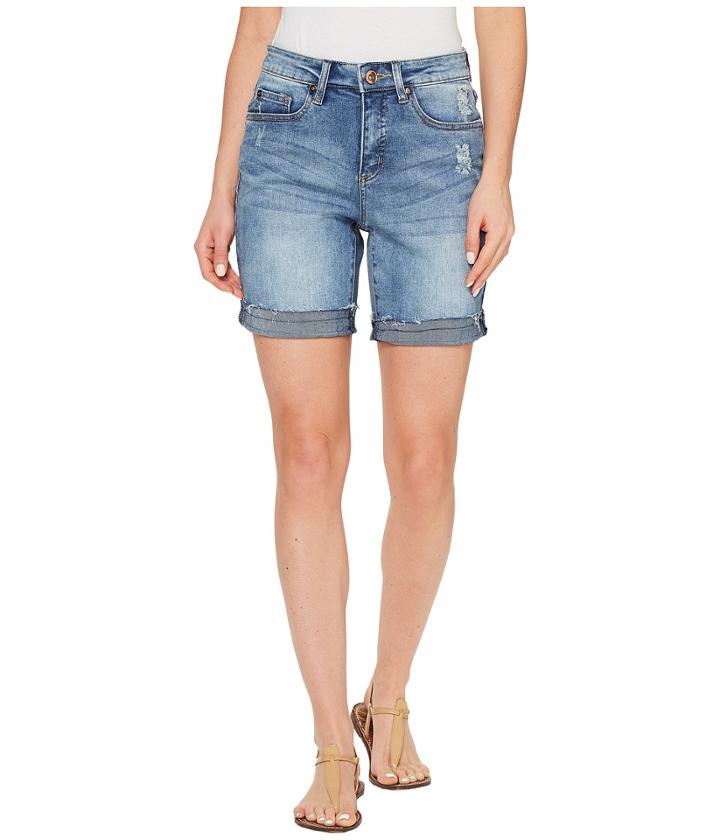 Tribal - Stretch Denim Boyfriend Shorts W/ Abrasion In Faded Blue