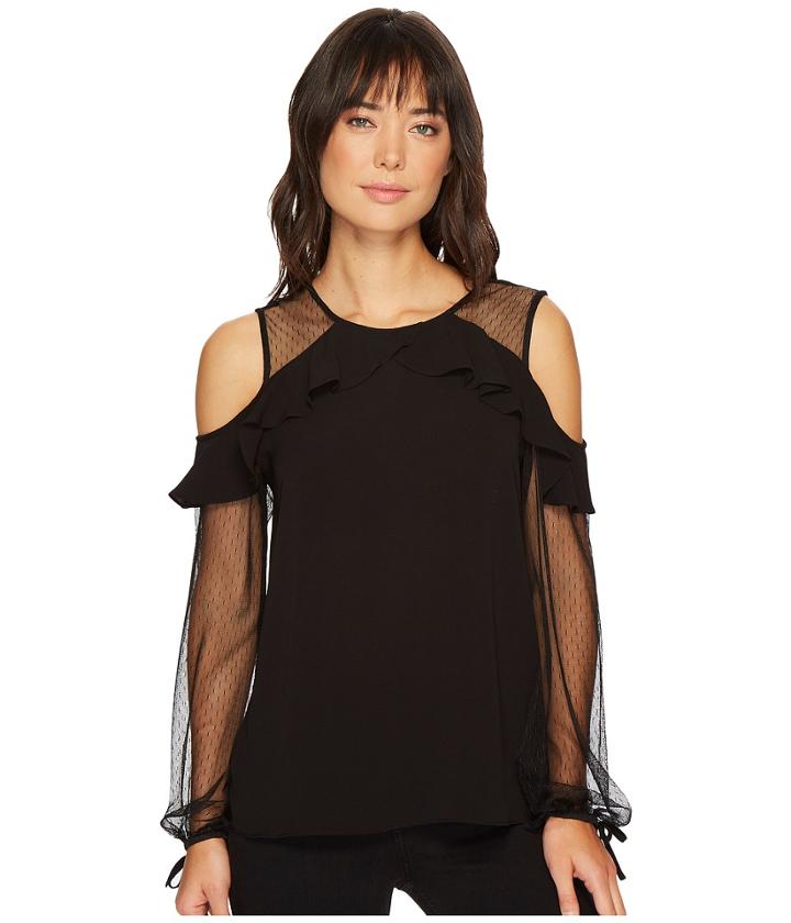 Cece - Long Sleeve Cold Shoulder Swiss Dot Ruffled Blouse