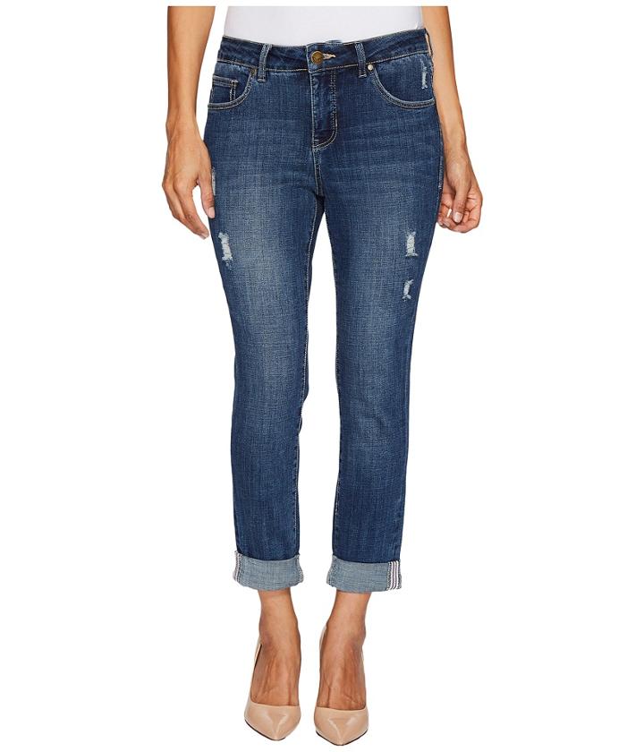 Jag Jeans Petite - Petite Carter Girlfriend Crosshatch Denim Jeans In Thorne Blue W/ Destruction