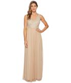 Adrianna Papell - V-neck Pearl And Bead Bodice With Long Mesh Ball Skirt