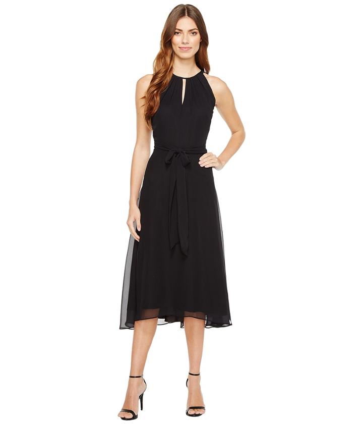 Tahari By Asl - Chiffon Tea-length Keyhole Neck Dress