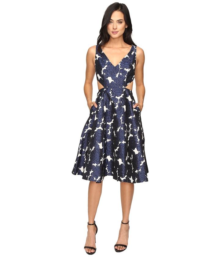 Adrianna Papell - Jacquard Sleeveless Deep V-neck Ball Skirt Dress