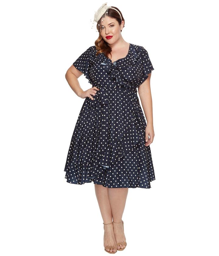 Unique Vintage - Sateen Ruffle Dotty Wrap Dress