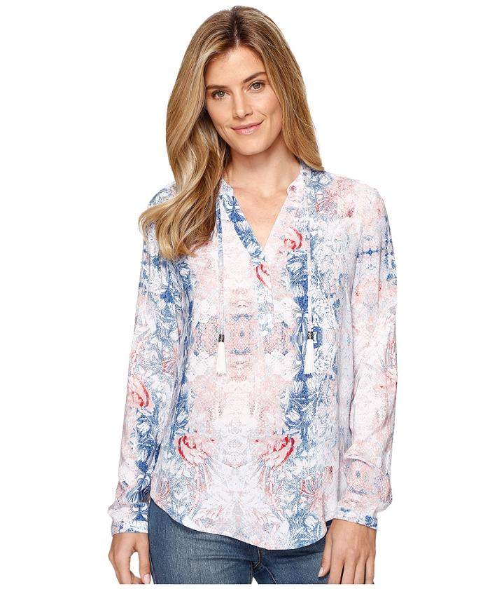 Tribal - Printed Blouse W/ Tassel At Neck