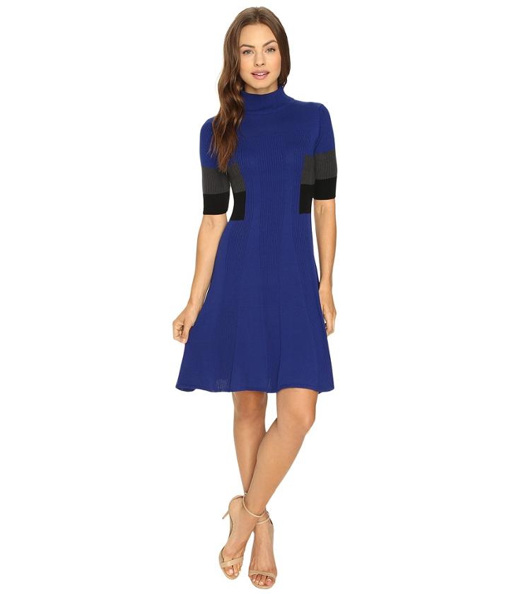 Adrianna Papell - Mock Neck Color Block Flare Sweater Dress