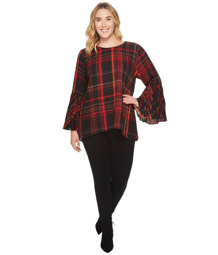 Vince Camuto Specialty Size - Plus Size Pleated Bell Sleeve Plaid Blouse