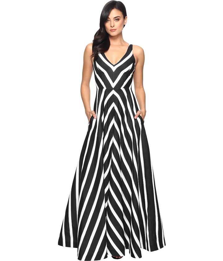 Halston Heritage - Sleeveless V-neck Striped Jacquard Gown