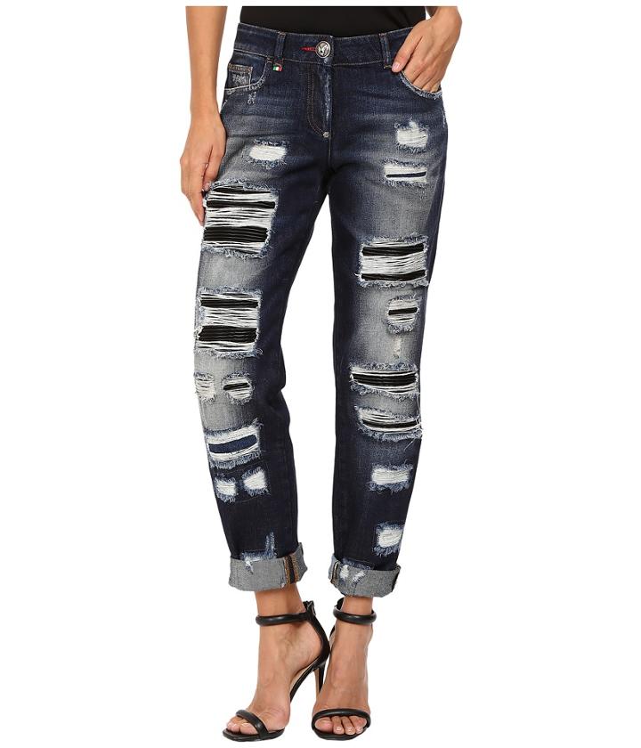 Philipp Plein - Dark Wash Boyfriend Cut Distressed Denim In Dark Blue