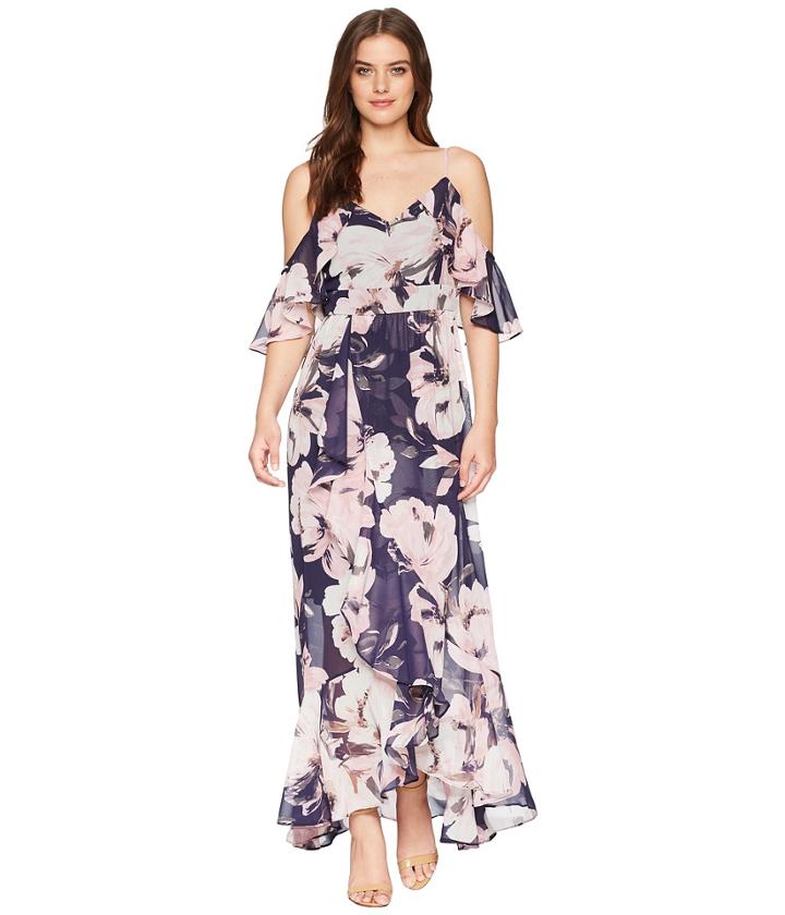 Vince Camuto - Printed Chiffon Cold Shoulder Maxi Dress With Ruffled Skirt