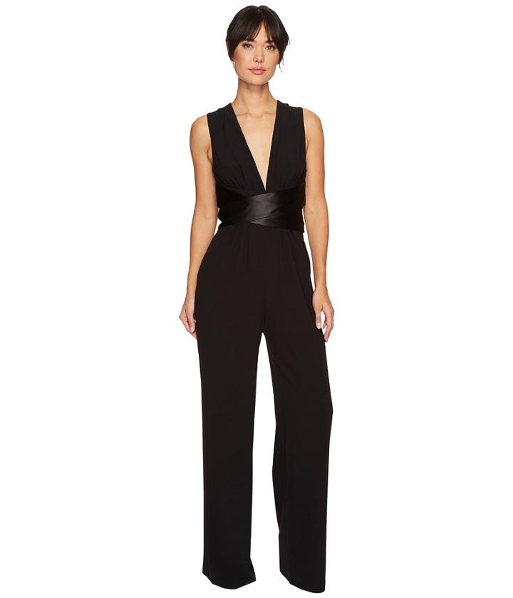 Halston Heritage - Sleeveless V-neck Wide Leg Jumpsuit W/ Wrap Tie