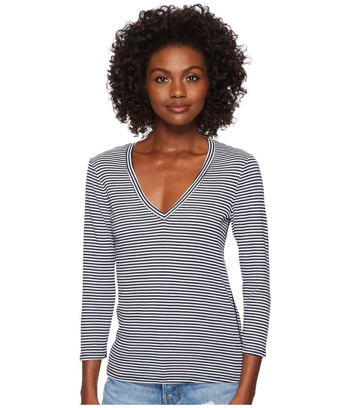 Three Dots - Montauk Stripe 3/4 Sleeve Deep V-neck