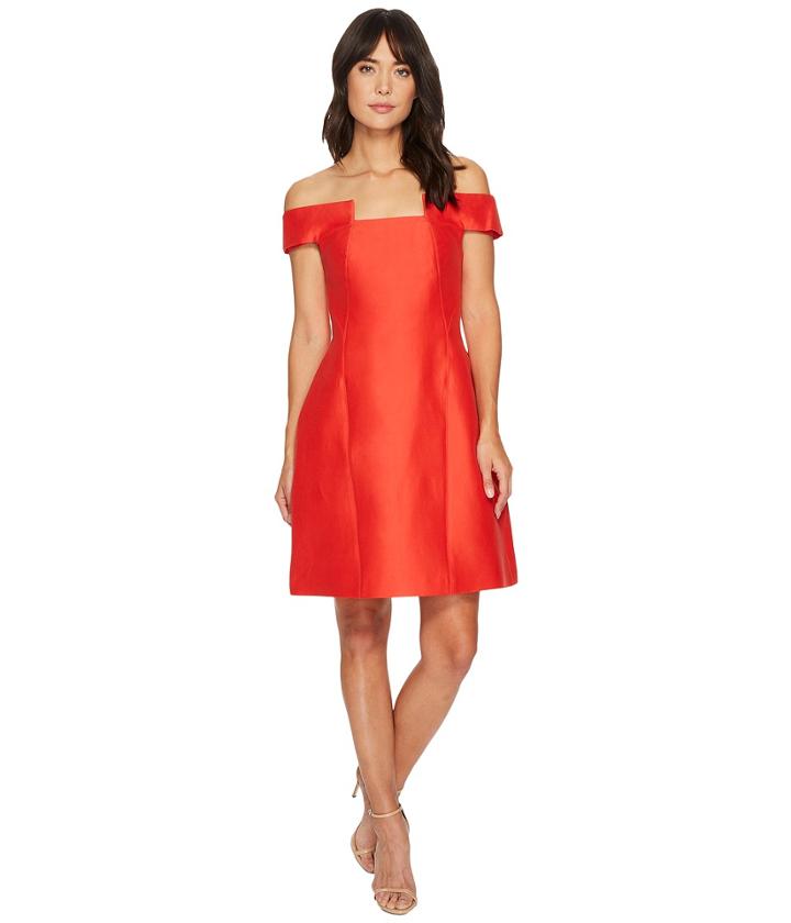 Halston Heritage - Off Shoulder Geo Neck Silk Faille Dress