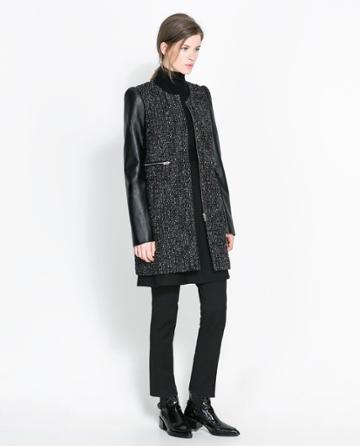 Zara Coat With Leather Sleeve